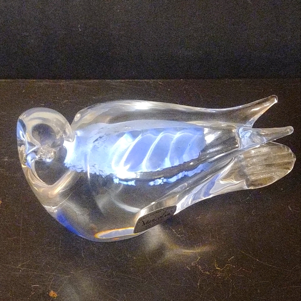 Scandinavian Marcolin Sweden Art Glass Bird Dove Paperweight 5" Clear/Blue
